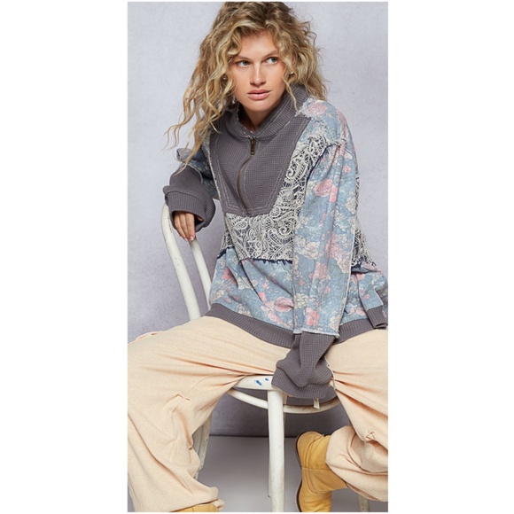 POL Floral Print Paisley Lace Half Zip Waffle Knit Long Sleeve Top - Picture 5 of 7